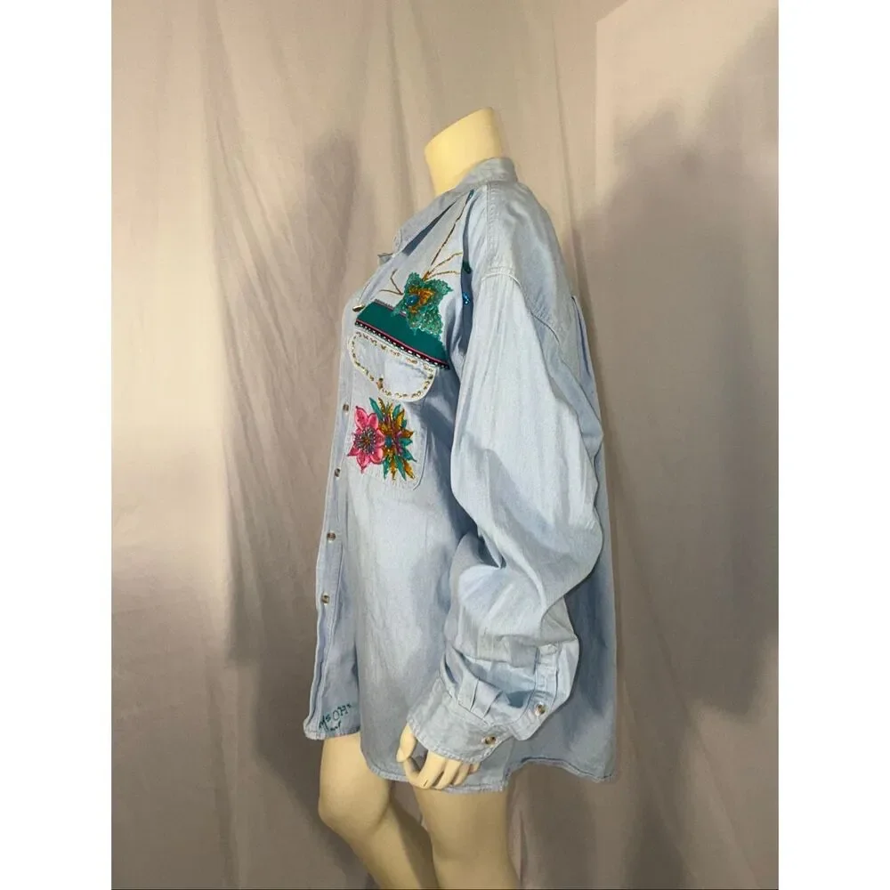 Basic Editions Oversized Denim Shirt 3X – Hand Embellished Floral & Butterfly We